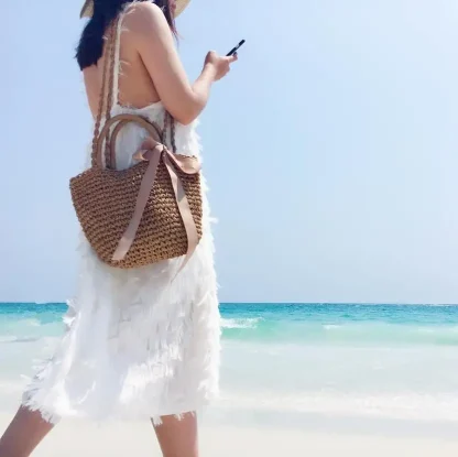 Casual Summer Straw Beach Tote Bag