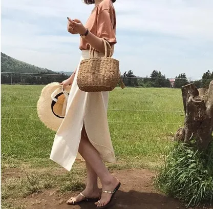 Straw Bucket Tote Beach Bag