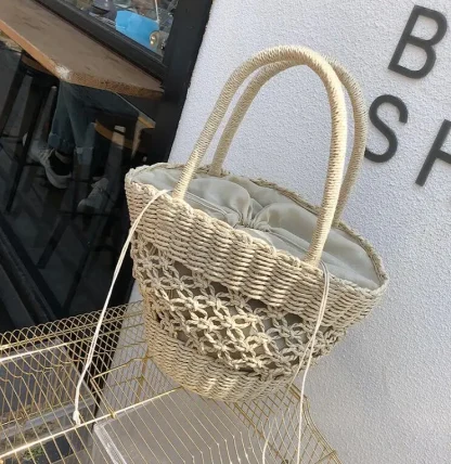 Summer Straw Drawstring Beach Handbag - Image 3