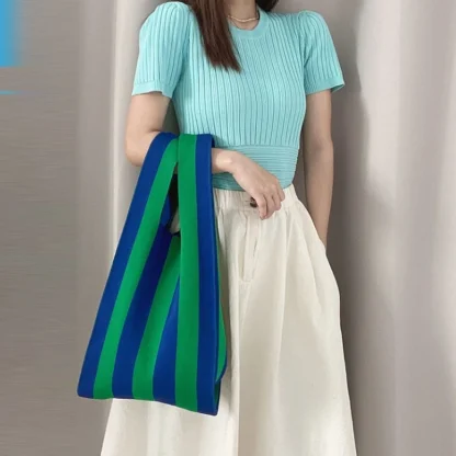 Striped Knitted Single Shoulder Beach Bag - Image 2