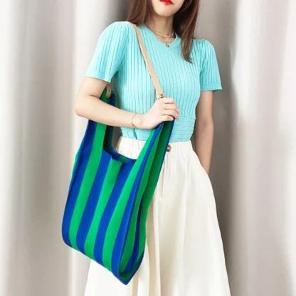 Striped Knitted Single Shoulder Beach Bag - Image 3