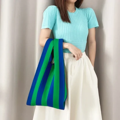 Striped Knitted Single Shoulder Beach Bag - Image 4