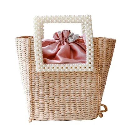 Pearl-Like Handle Chain Straw Beach Bag - Image 2