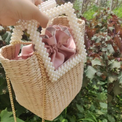 Pearl-Like Handle Chain Straw Beach Bag - Image 3