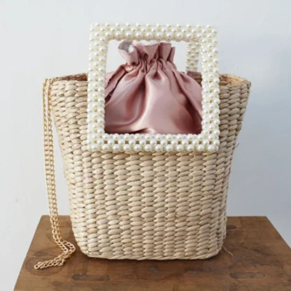 Pearl-Like Handle Chain Straw Beach Bag - Image 4
