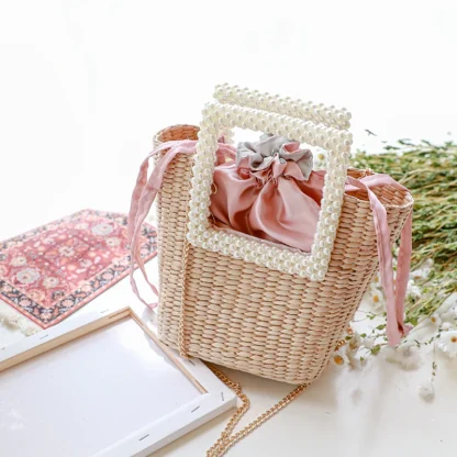 Pearl-Like Handle Chain Straw Beach Bag - Image 5