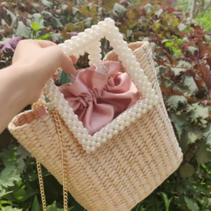 Pearl-Like Handle Chain Straw Beach Bag