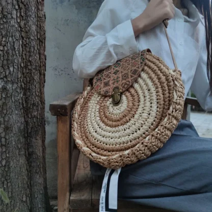 Round Straw Woven Summer Beach Bag - Image 2