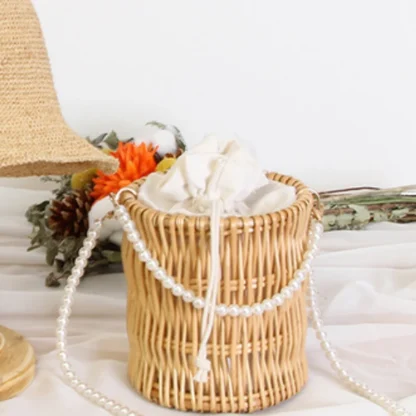 Pearl-Like Chain Straw Woven Beach Bag - Image 2
