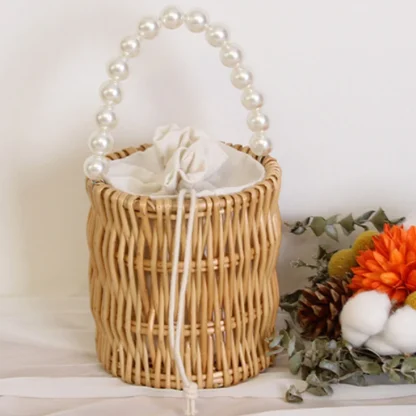 Pearl-Like Chain Straw Woven Beach Bag - Image 3