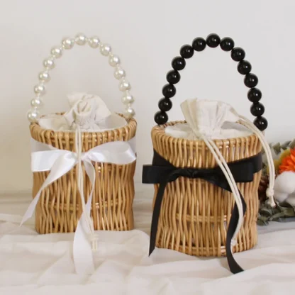 Pearl-Like Chain Straw Woven Beach Bag