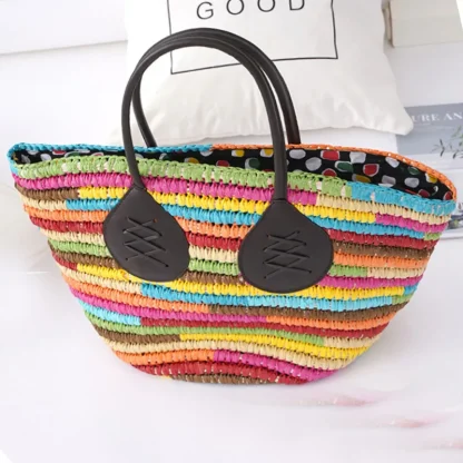 Rainbow Straw Tote Beach Bag - Image 3