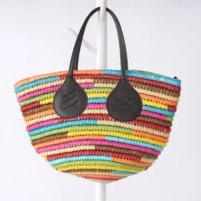 Rainbow Straw Tote Beach Bag