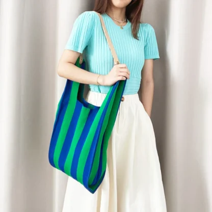 Knitted Stripe Pleated Beach Bag - Image 3
