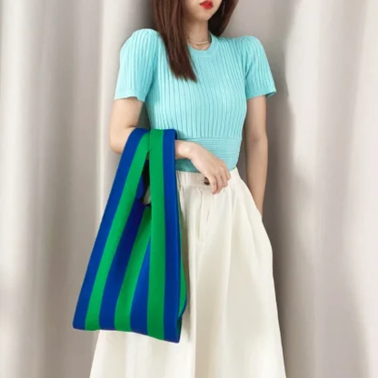Knitted Stripe Pleated Beach Bag - Image 4