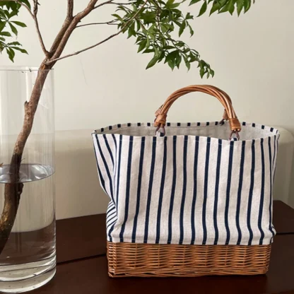 Striped Rattan Splicing Beach Bag - Image 2