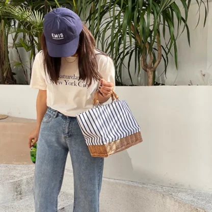 Striped Rattan Splicing Beach Bag